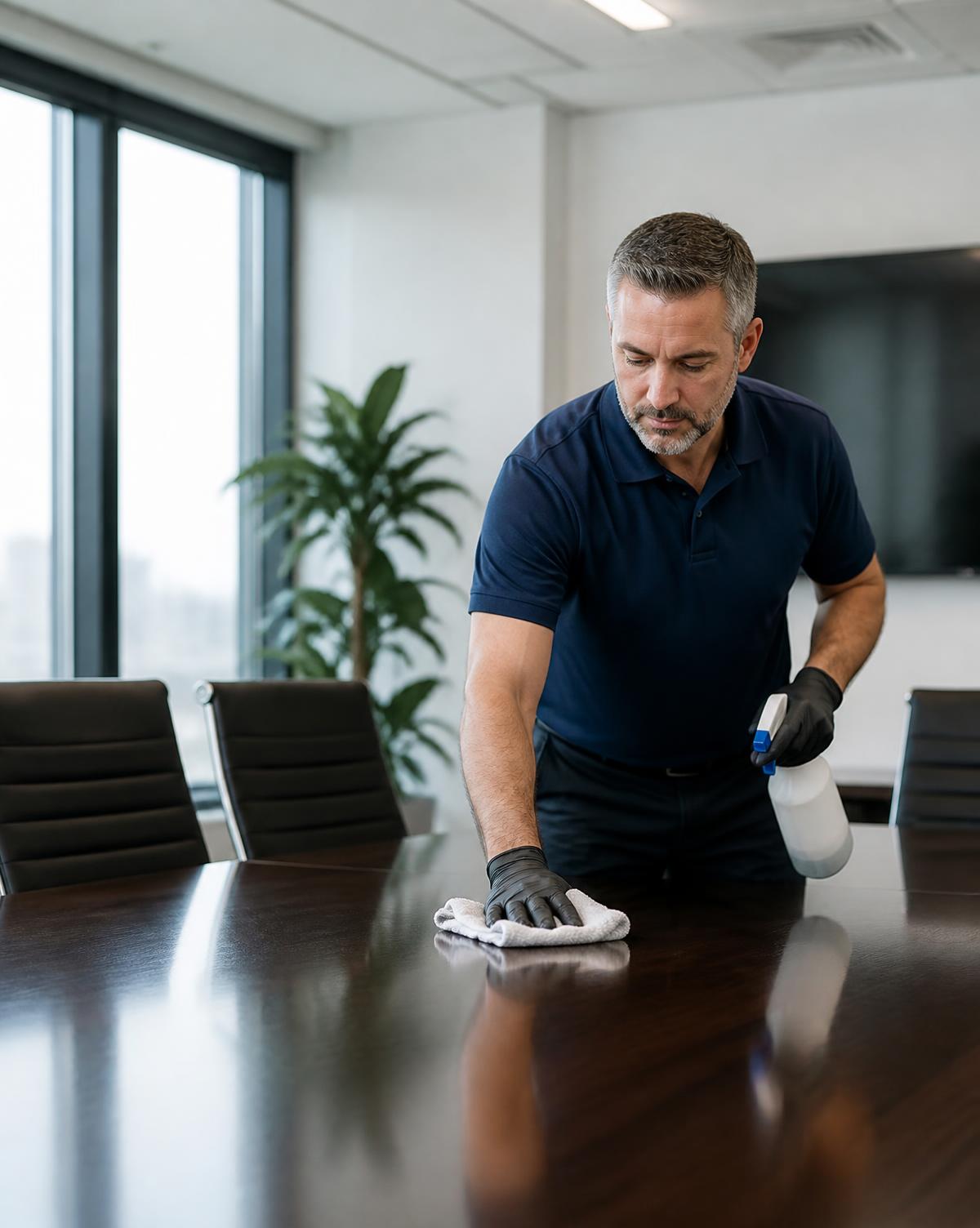 Professional cleaner wiping down a conference room table in a modern office