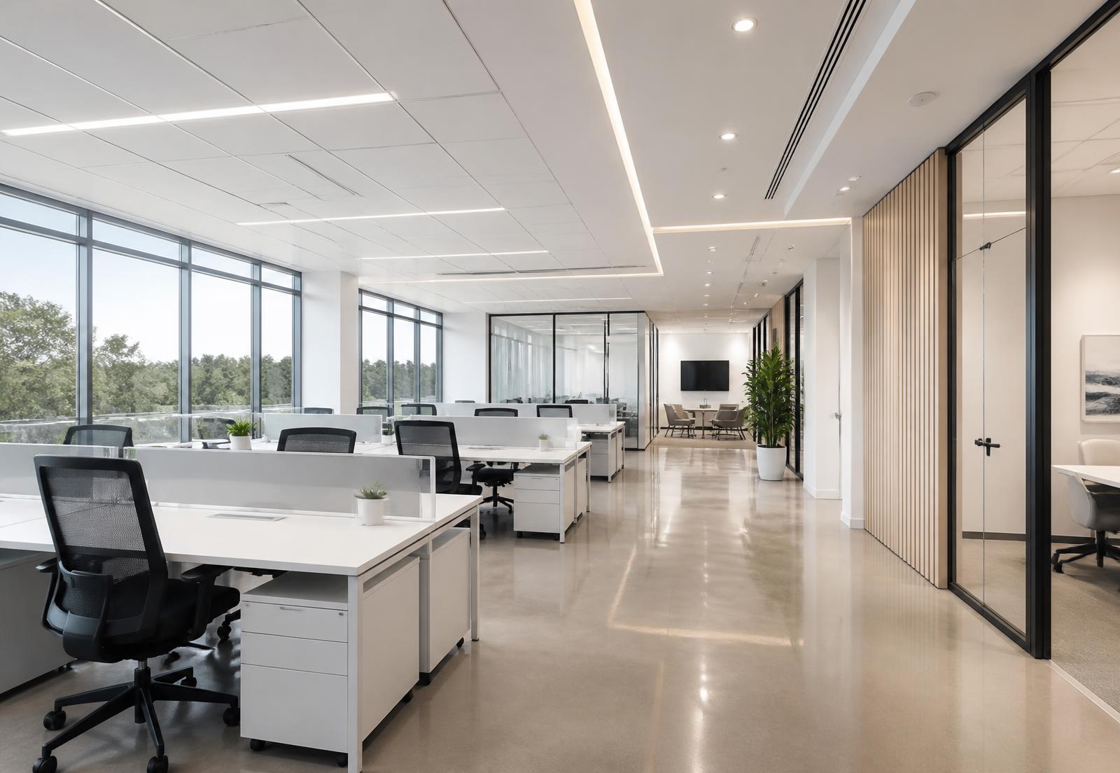 Clean, well-maintained modern open-plan office with polished floors and natural light